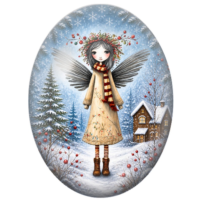 Cabochon en Verre Illustré Ange dans un Village Hivernal 13x18, 18x25 ou 30x40mm