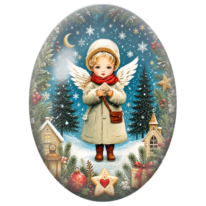 Cabochon en Verre Illustré Petit Ange au Courrier de Noël 13x18, 18x25 ou 30x40mm