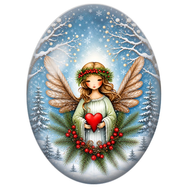 Cabochon en Verre Illustré Ange au Cœur Rouge parmi les Sapins 13x18, 18x25 ou 30x40mm