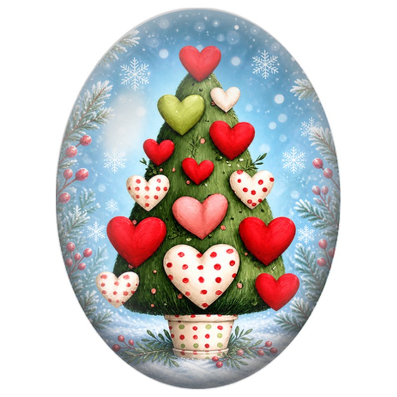 Cabochon en Verre Illustré Sapin aux Boules en Cœur 13x18, 18x25 ou 30x40mm