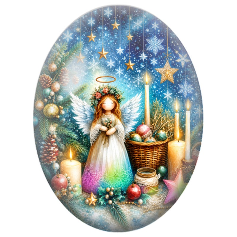 Cabochon en Verre Illustré Fée près d’un Sapin et de Bougies 13x18, 18x25 ou 30x40mm