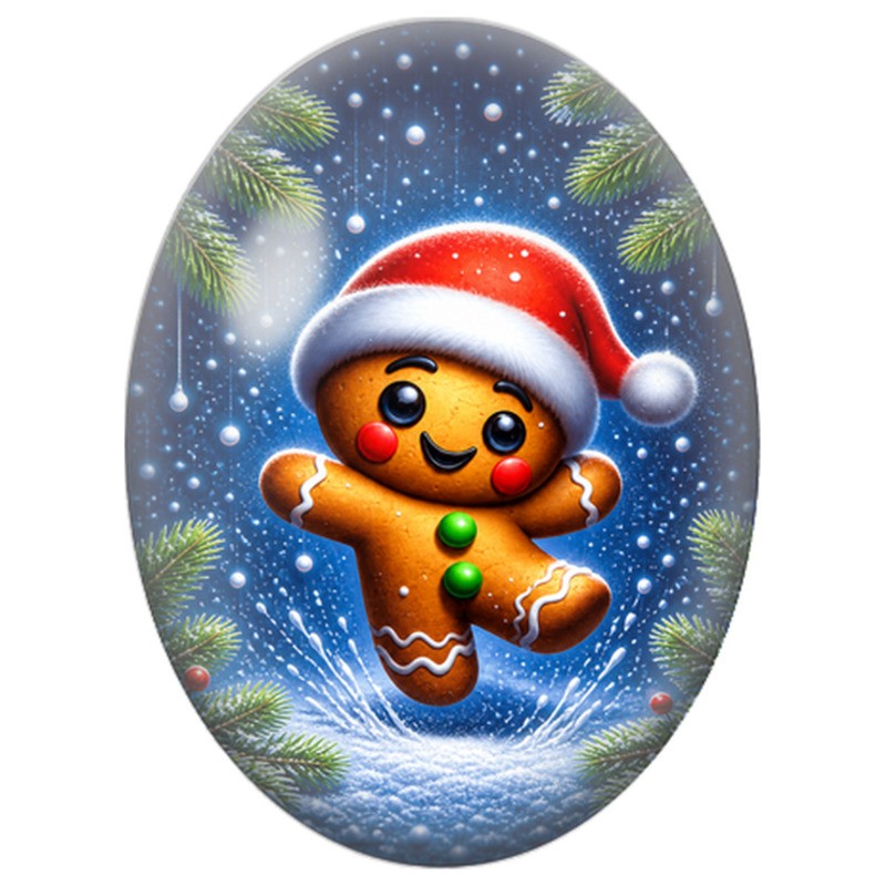 Cabochon en Verre Illustré Bonhomme en Pain d’Épices dans la Neige 13x18, 18x25 ou 30x40mm