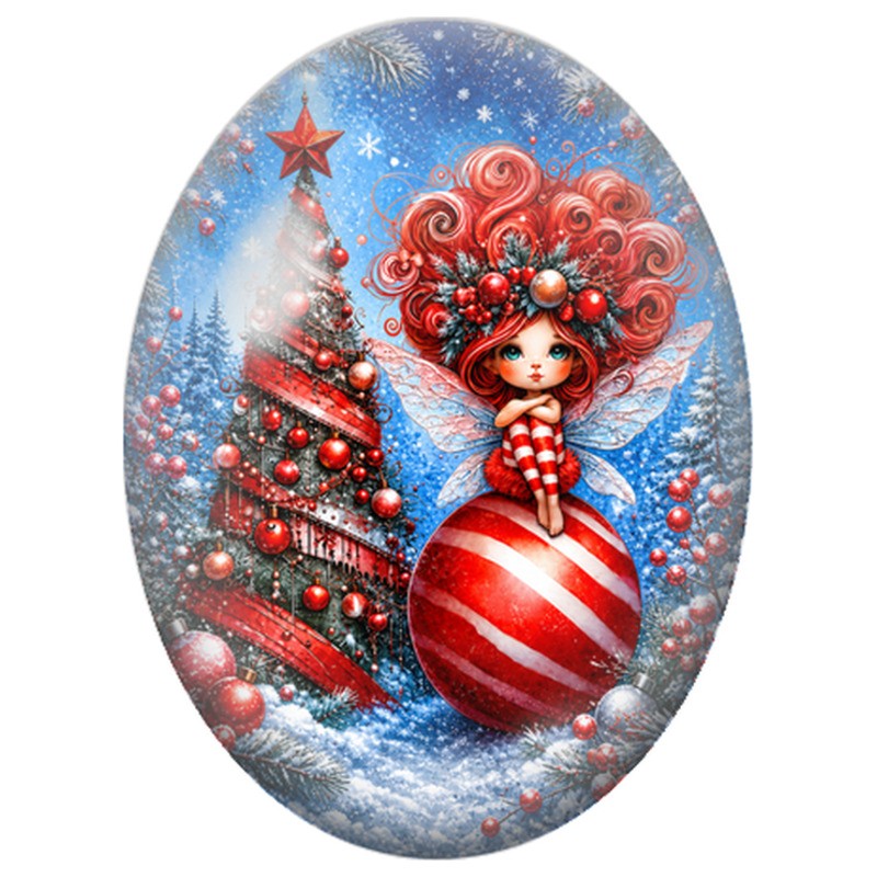 Cabochon en Verre Illustré Fée aux Cheveux Rouges sur une Boule Rayée 13x18, 18x25 ou 30x40mm