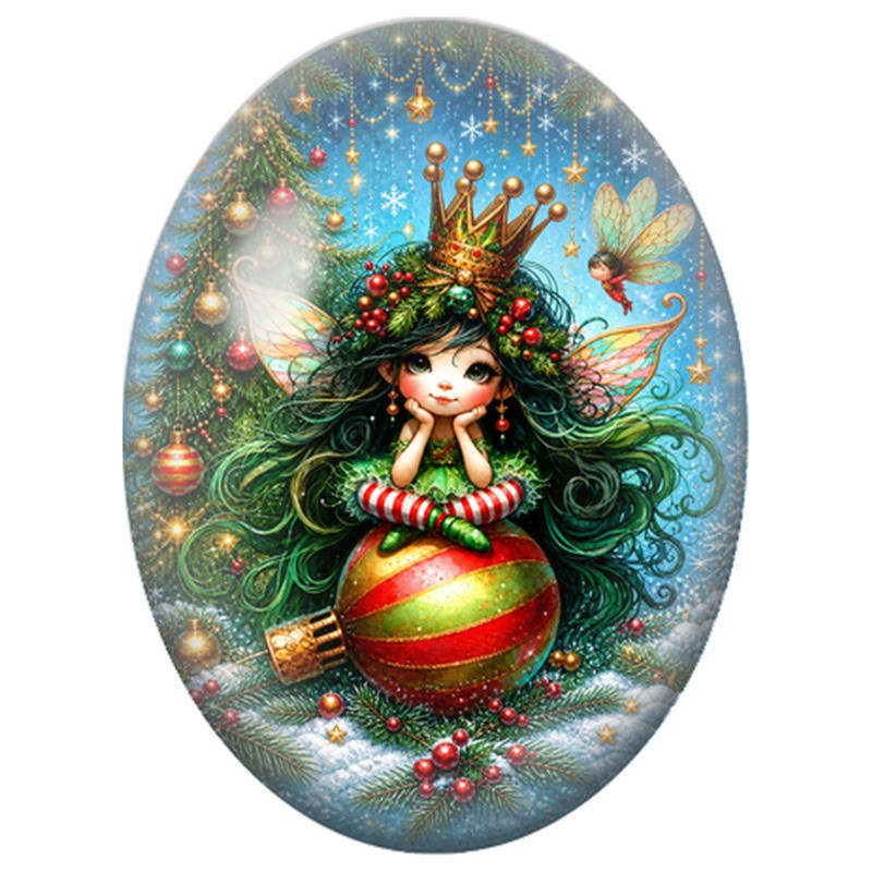 Cabochon en Verre Illustré Fée Couronnée Assise sur une Boule de Noël 13x18, 18x25 ou 30x40mm