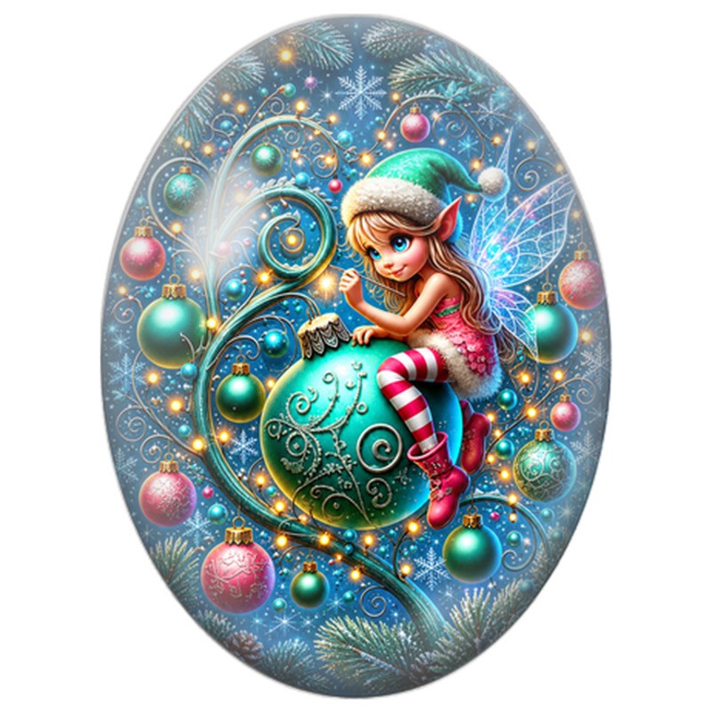 Cabochon en Verre Illustré Fée Assise sur une Boule Turquoise 13x18, 18x25 ou 30x40mm