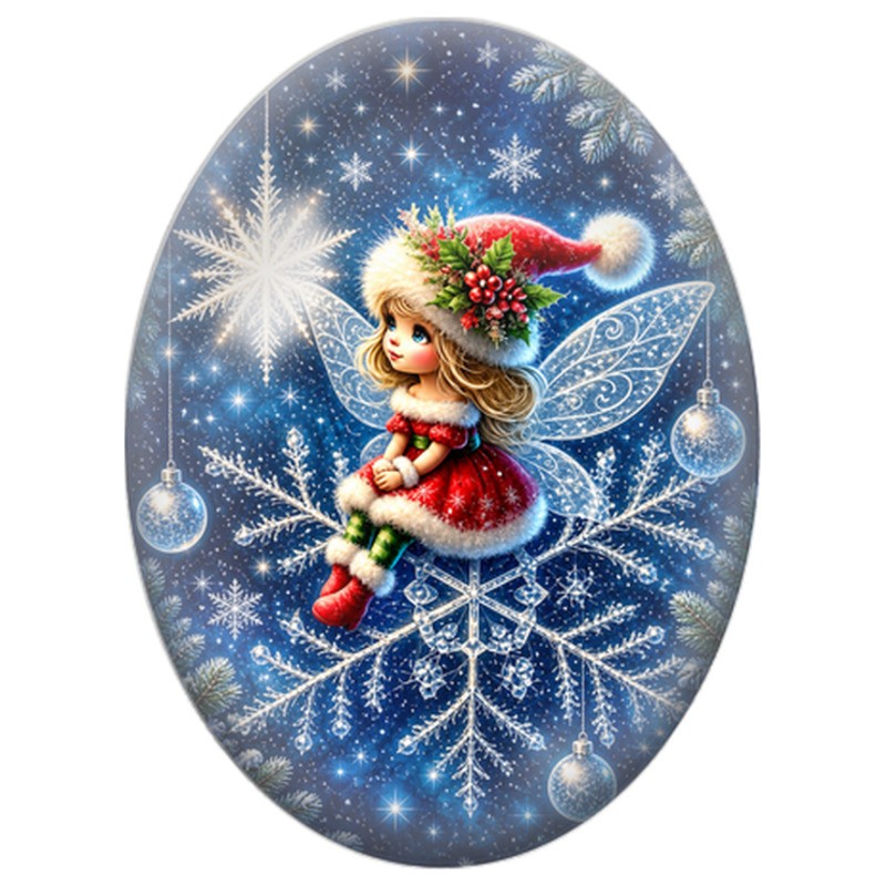 Cabochon en Verre Illustré Fée sur un Flocon de Neige 13x18, 18x25 ou 30x40mm