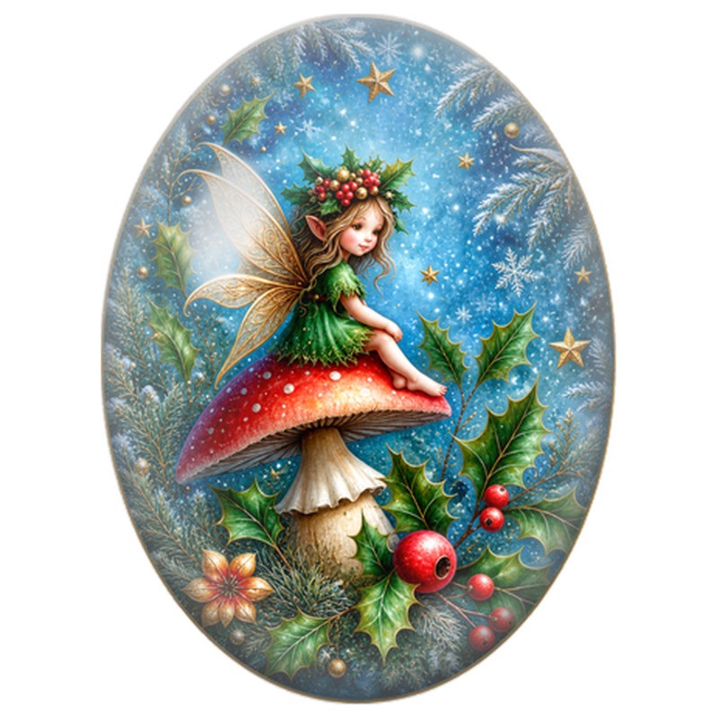 Cabochon en Verre Illustré Fée dans les Branches de Sapin 13x18, 18x25 ou 30x40mm