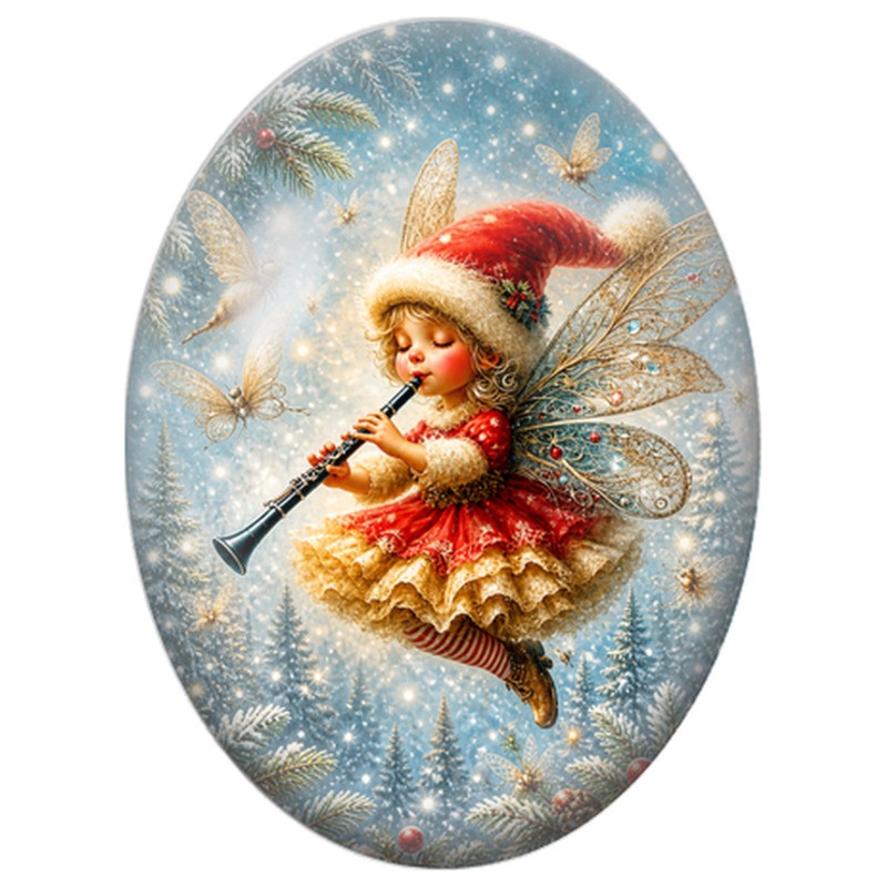 Cabochon en Verre Illustré Fée à la Baguette parmi les Flocons 13x18, 18x25 ou 30x40mm
