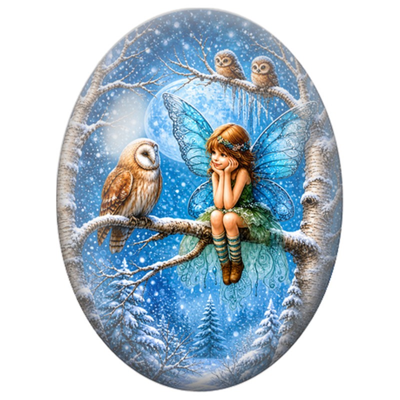 Cabochon en Verre Illustré Fée parmi les Hiboux dans la Neige 13x18, 18x25 ou 30x40mm