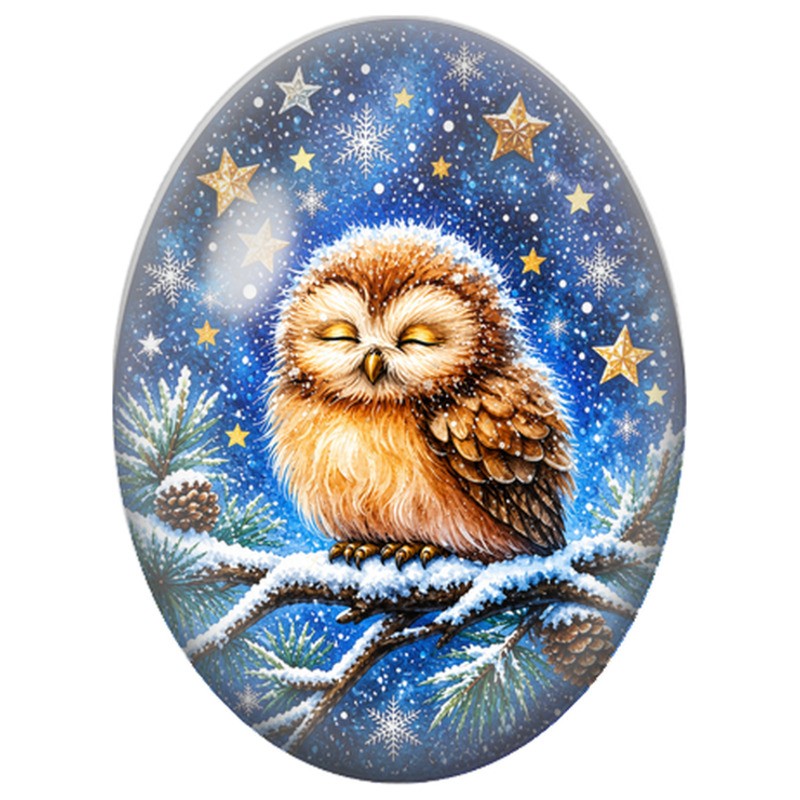 Cabochon en Verre Illustré Hibou parmi les Étoiles Dorées 13x18, 18x25 ou 30x40mm