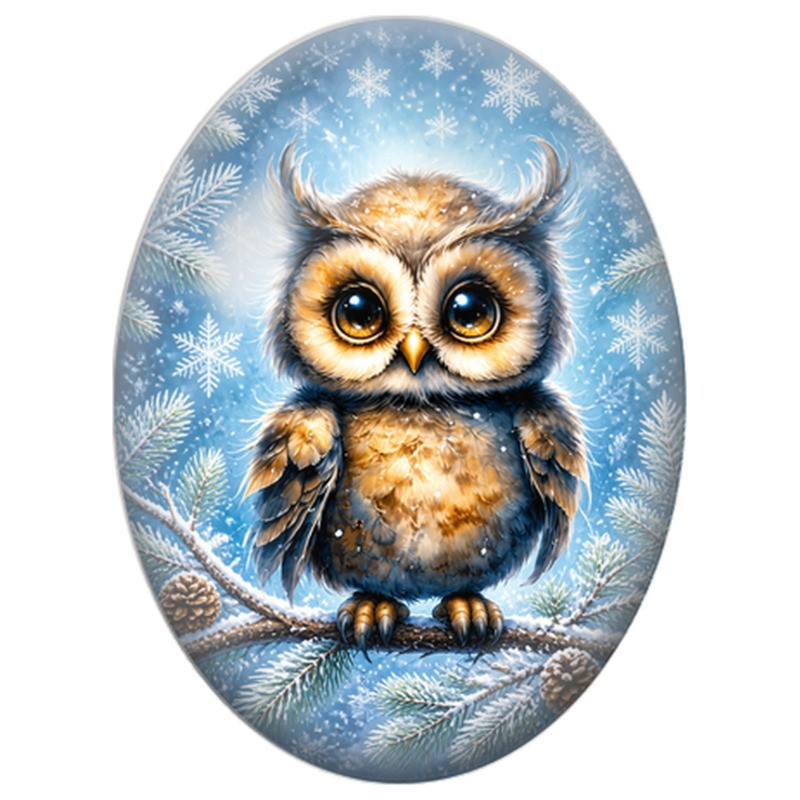 Cabochon en Verre Illustré Hibou dans la Neige 13x18, 18x25 ou 30x40mm