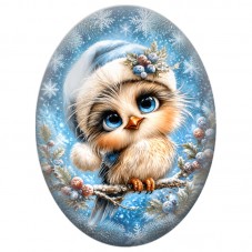 Cabochon en Verre Illustré Hibou au Bonnet Bleu parmi les Baies 13x18, 18x25 ou 30x40mm pour la Création de Bijoux Fantaisie DIY