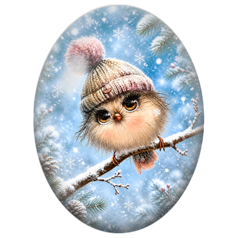 Cabochon en Verre Illustré Oisillon au Bonnet Beige sur une Branche 13x18, 18x25 ou 30x40mm