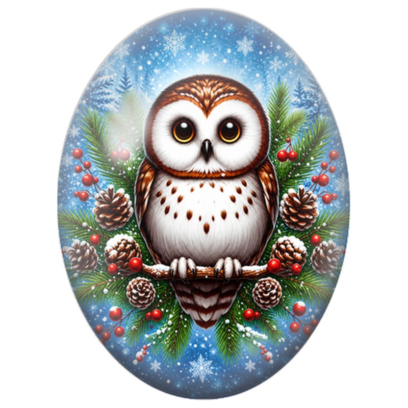 Cabochon en Verre Illustré Hibou Blanc parmi les Baies Rouges 13x18, 18x25 ou 30x40mm