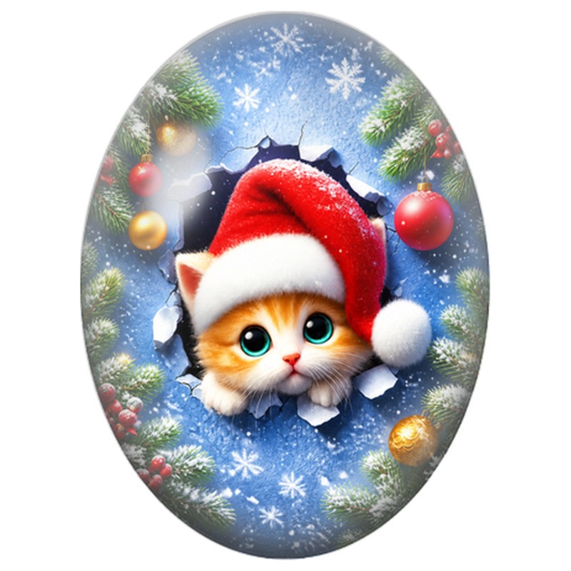Cabochon en Verre Illustré Chaton au Bonnet de Noël 13x18, 18x25 ou 30x40mm