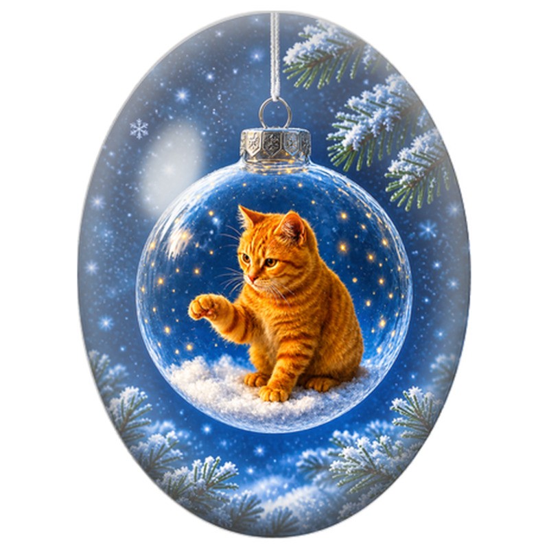 Cabochon en Verre Illustré Chaton Roux dans une Boule Bleue 13x18, 18x25 ou 30x40mm