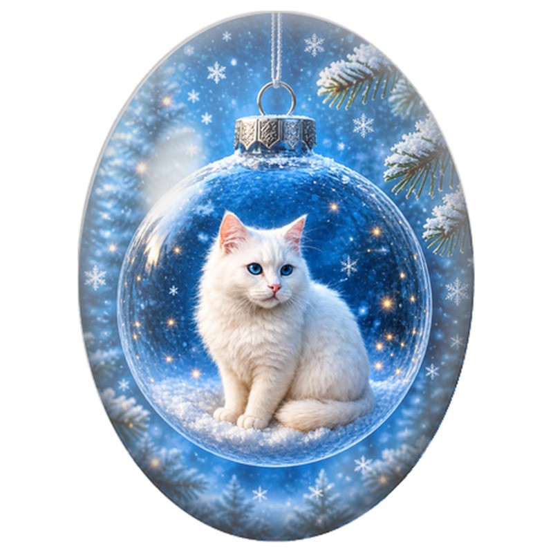 Cabochon en Verre Illustré Chaton Blanc dans une Boule de Noël 13x18, 18x25 ou 30x40mm