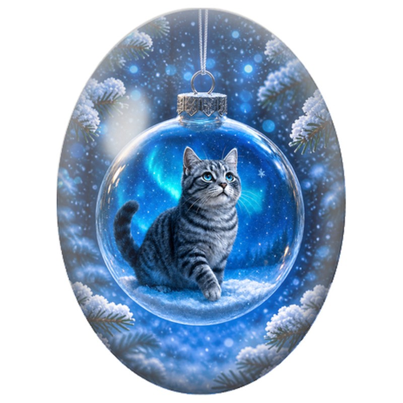Cabochon en Verre Illustré Chat Gris dans une Boule Bleue 13x18, 18x25 ou 30x40mm