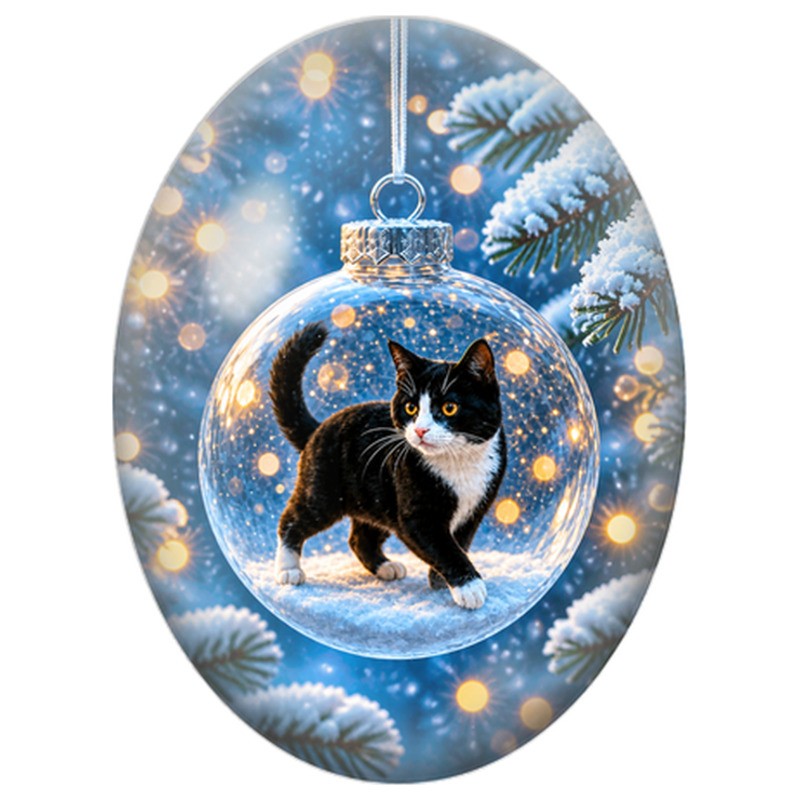Cabochon en Verre Illustré Chat Noir et Blanc dans une Boule 13x18, 18x25 ou 30x40mm