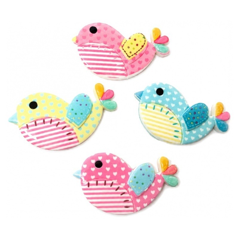 4 Cabochons Oiseaux Multicolores 41x23mm