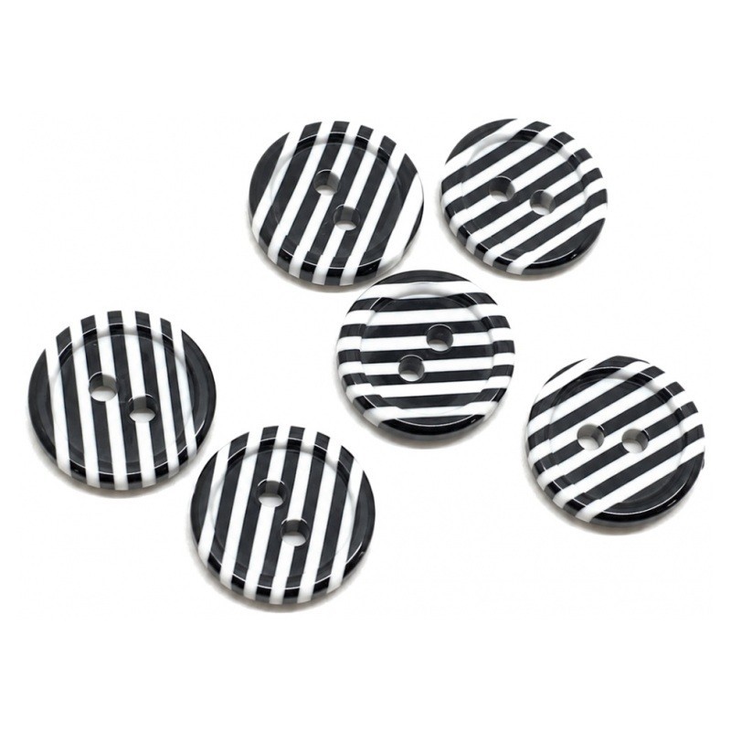 6 Cabochons Boutons en Résine Noir et Blanc Rayé Rétro 12mm