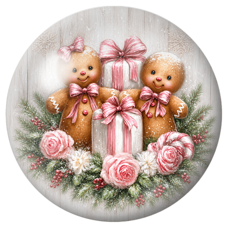 Cabochon en Verre Illustré Deux Bonhommes en Pain d’Épices aux Cadeaux Roses 12 à 25mm