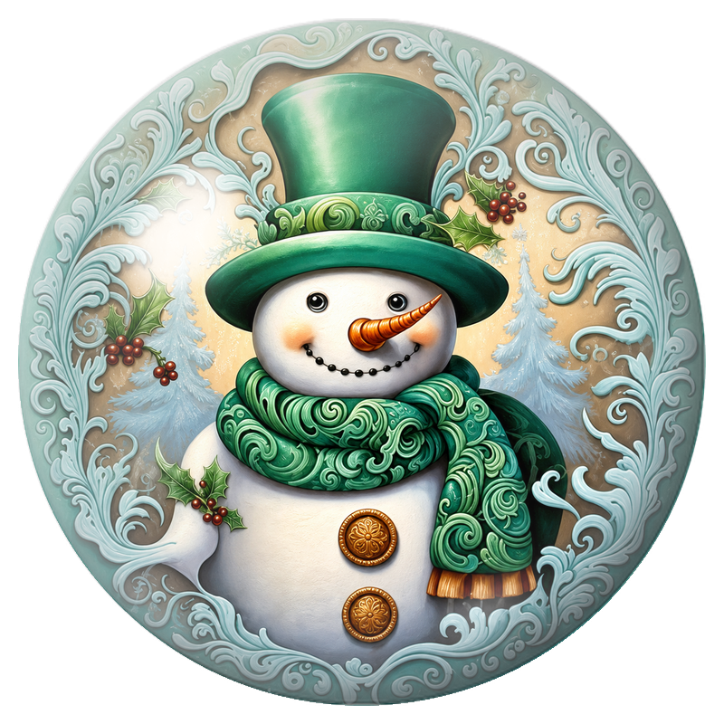 Cabochon en Verre Illustré Bonhomme de Neige au Haut-de-Forme Vert 12 à 25mm