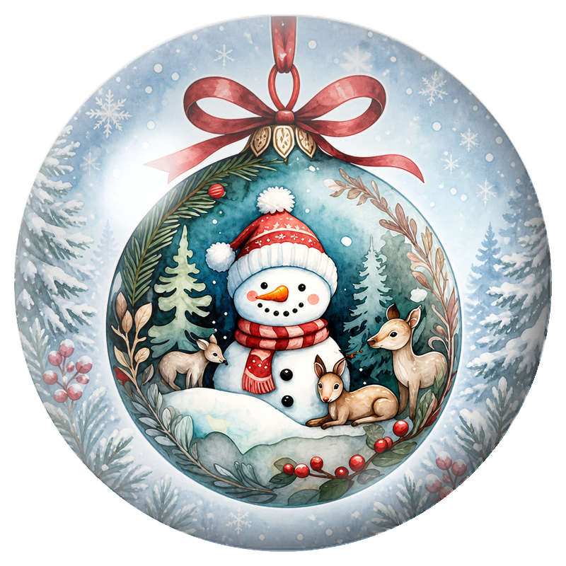 Cabochon en Verre Illustré Bonhomme de Neige et Faons dans une Boule de Noël 12 à 25mm