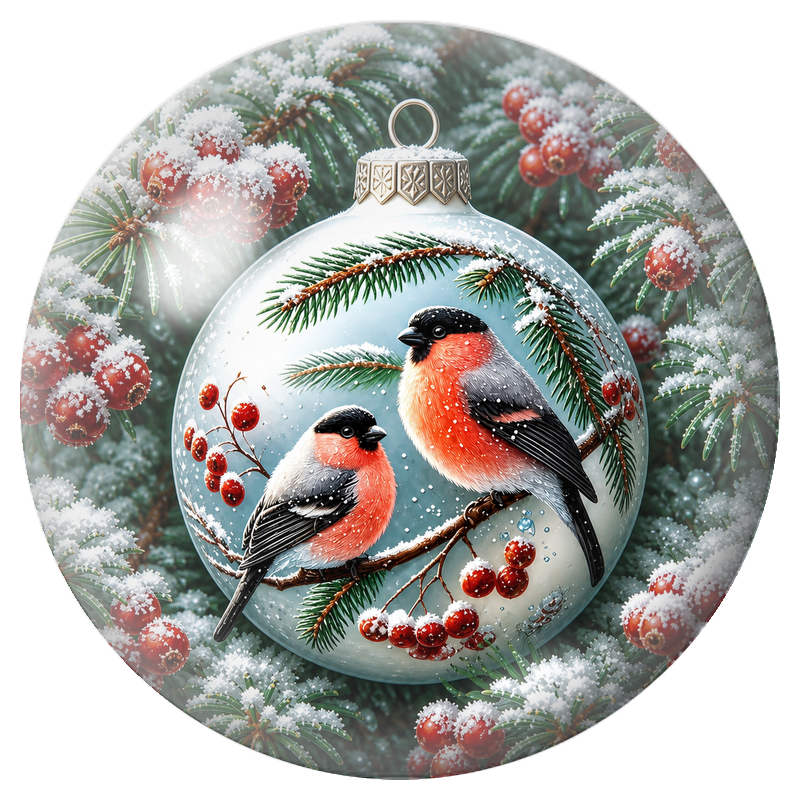 Cabochon en Verre Illustré Deux Bouvreuils dans une Boule Enneigée 12 à 25mm