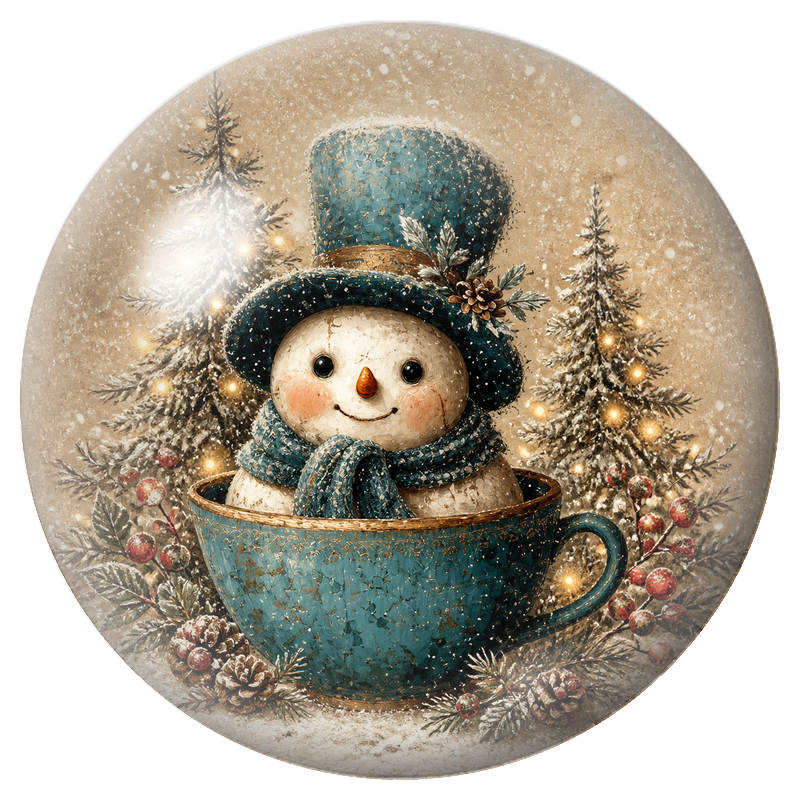 Cabochon en Verre Illustré Bonhomme de Neige dans une Tasse Turquoise 12 à 25mm