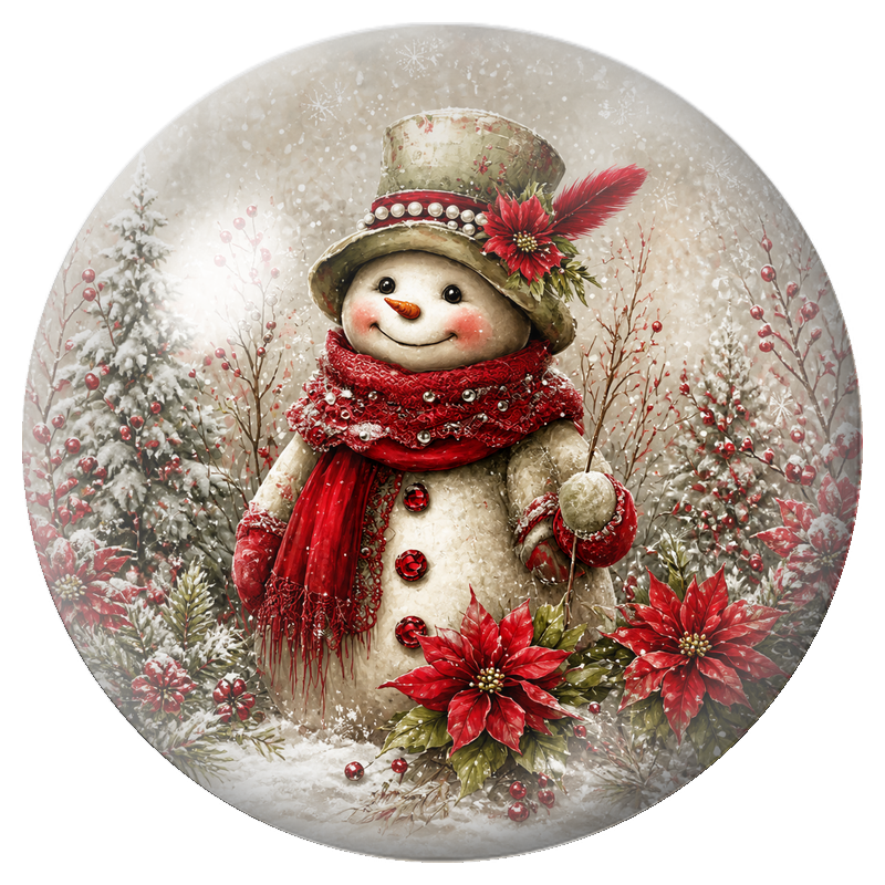Cabochon en Verre Illustré Bonhomme de Neige aux Poinsettias Rouges 12 à 25mm