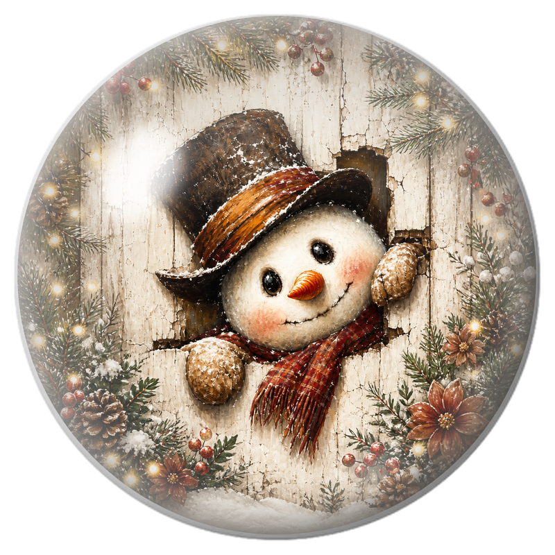 Cabochon en Verre Illustré Bonhomme de Neige à la Fenêtre de Bois 12 à 25mm