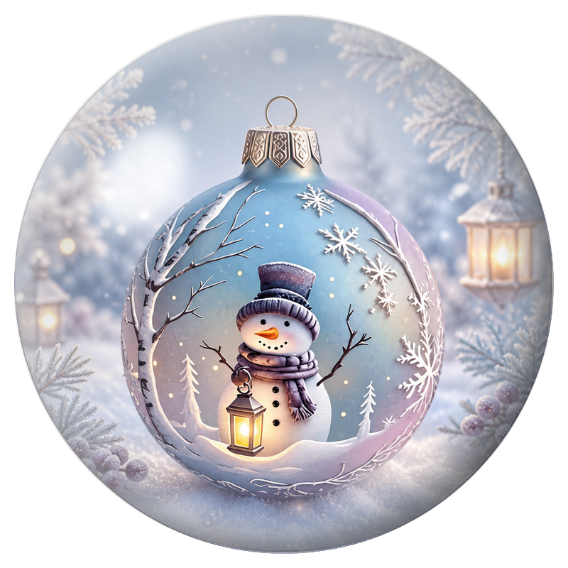 Cabochon en Verre Illustré Bonhomme de Neige à la Lanterne dans une Boule Bleue 12 à 25mm