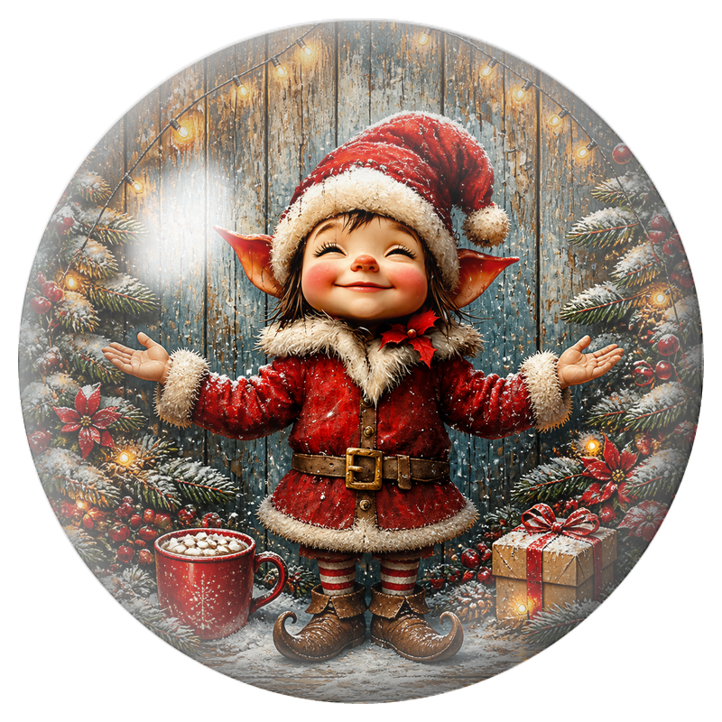 Cabochon en Verre Illustré Petit Lutin Rouge sous la Neige 12 à 25mm
