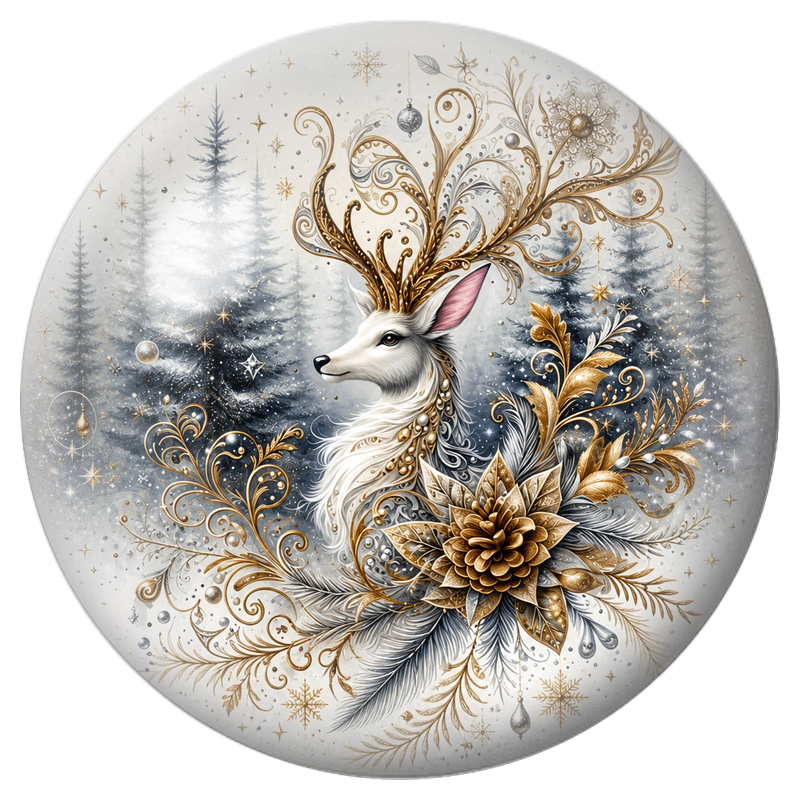 Cabochon en Verre Illustré Cerf Blanc aux Ramures Dorées 12 à 25mm