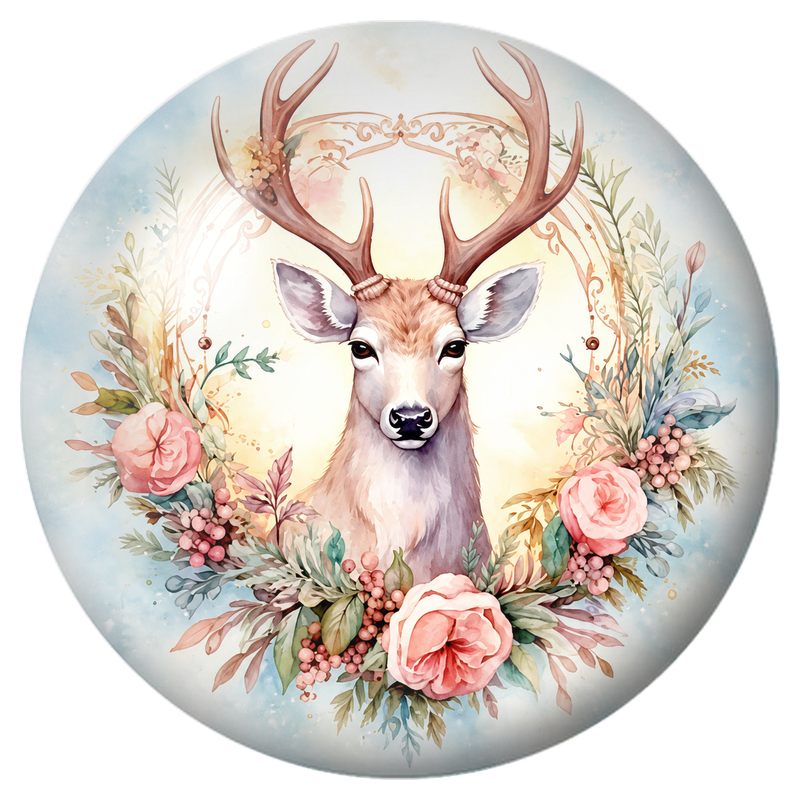 Cabochon en Verre Illustré Cerf aux Roses dans un Médaillon Pastel 12 à 25mm