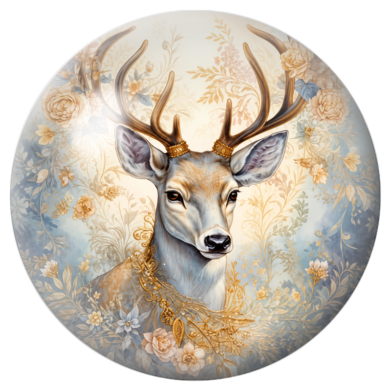 Cabochon en Verre Illustré Cerf Fleuri aux Ornements Dorés 12 à 25mm