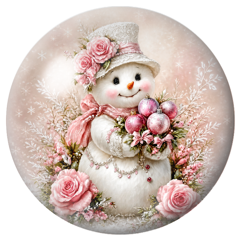 Cabochon en Verre Illustré Bonhomme de Neige aux Roses et Boules Roses 12 à 25mm