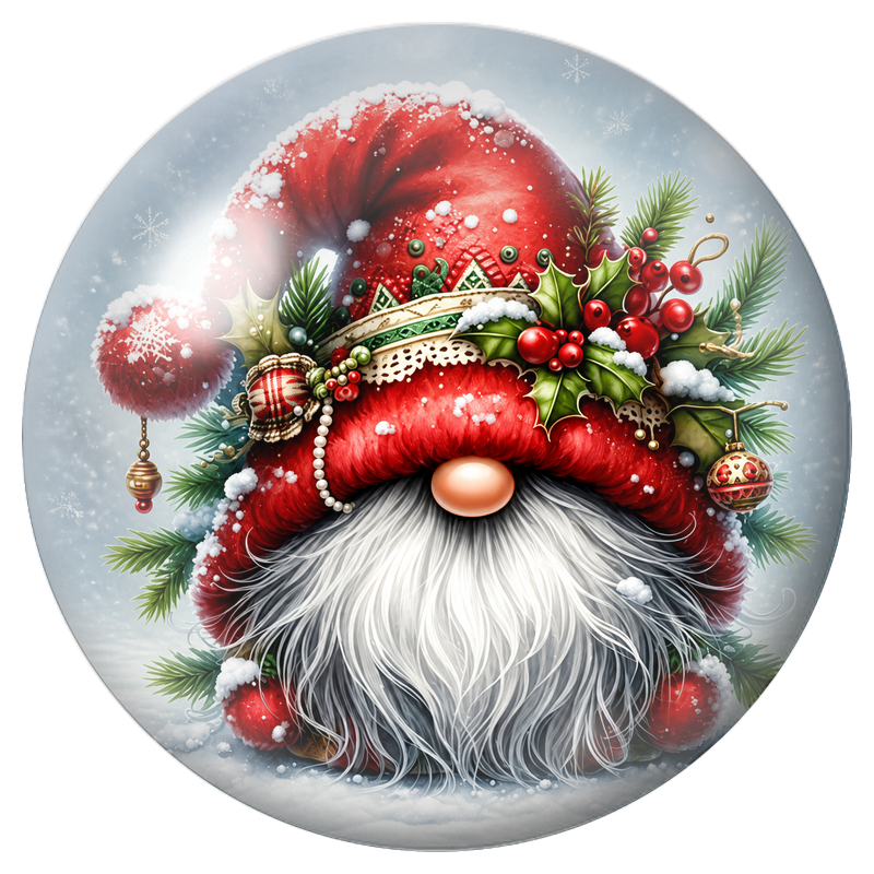 Cabochon en Verre Illustré Gnome de Noël au Bonnet de Houx 12 à 25mm