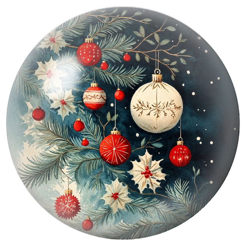 Cabochon en Verre Illustré Boules Rouges et Blanches sur Fond Bleu Nuit 12 à 25mm