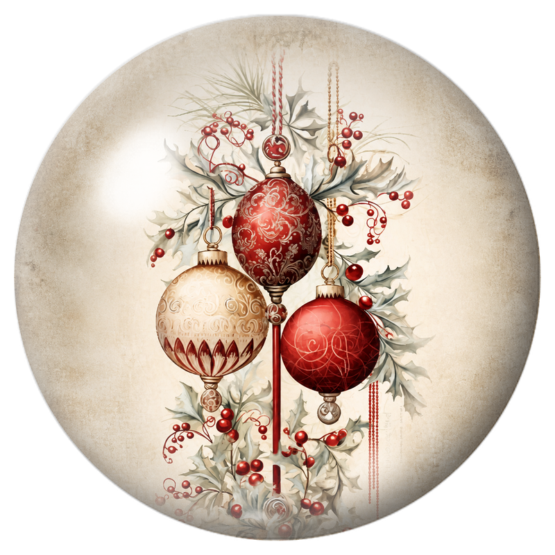 Cabochon en Verre Illustré Trois Boules de Noël Rouges et Crème 12 à 25mm