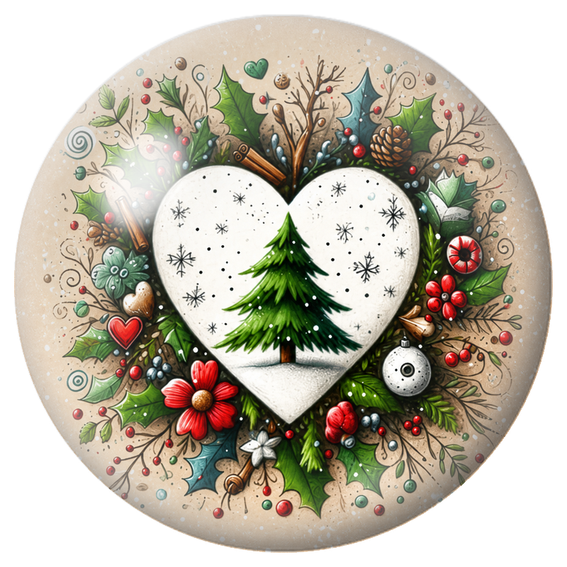 Cabochon en Verre Illustré Sapin dans un Cœur de Noël 12 à 25mm