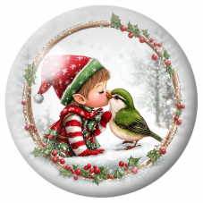 Cabochon en Verre Illustré Petit Lutin Embrassant un Oiseau Vert 12 à 25mm pour la Création de Bijoux Fantaisie - DIY