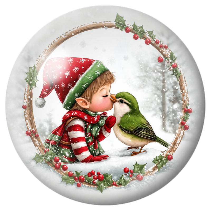 Cabochon en Verre Illustré Petit Lutin Embrassant un Oiseau Vert 12 à 25mm
