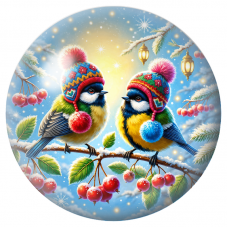 Cabochon en Verre Illustré Deux Mésanges aux Bonnets Colorés 12 à 25mm pour la Création de Bijoux Fantaisie - DIY