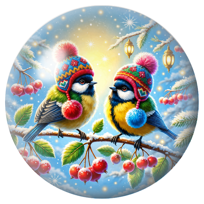 Cabochon en Verre Illustré Deux Mésanges aux Bonnets Colorés 12 à 25mm