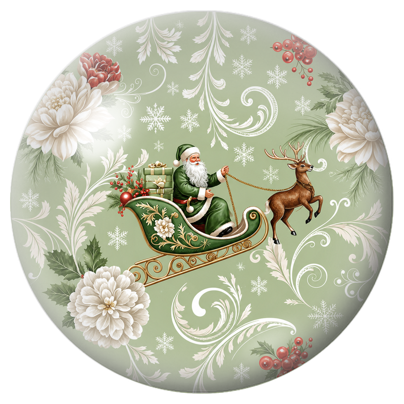 Cabochon en Verre Illustré Père Noël au Traîneau Vert Fleuri 12 à 25mm