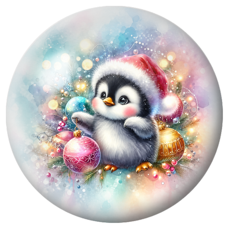 Cabochon en Verre Illustré Petit Pingouin aux Boules de Noël Pastel 12 à 25mm