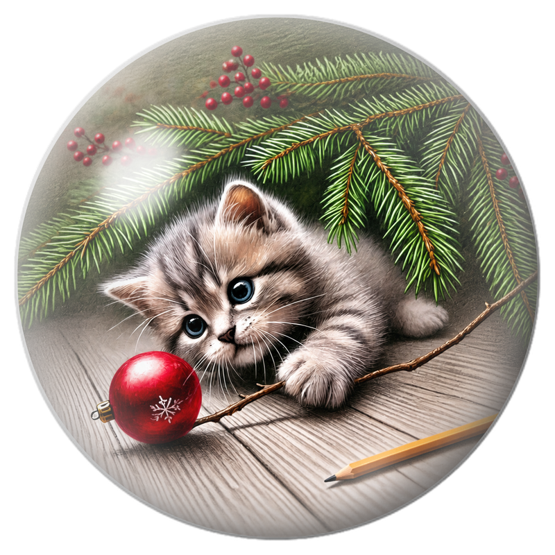 Cabochon en Verre Illustré Chaton Jouant avec une Boule Rouge 12 à 25mm