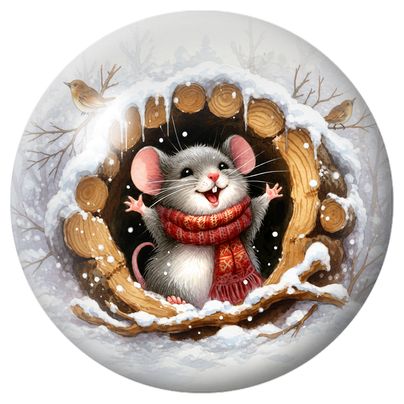 Cabochon en Verre Illustré Souris Heureuse dans un Tronc Enneigé 12 à 25mm